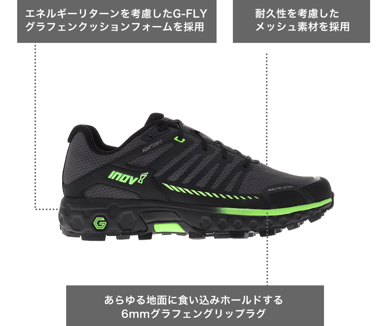耐久性を考慮したメッシュ素材を採用。
エネルギーリターンを考慮したG-FLYグラフェンクッションフォームを採用。
あらゆる地面に食い込みホールドする6mmグラフェングリップラグ。