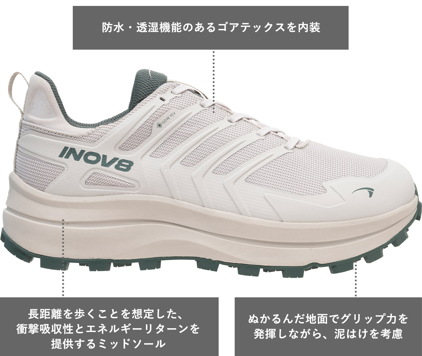 防水・透湿機能のあるゴアテックスを内装
長距離を歩くことを想定した、衝撃吸収性とエネルギーリターンを提供するミッドソール
ぬかるんだ地面でグリップ力を発揮しながら、泥はけを考慮