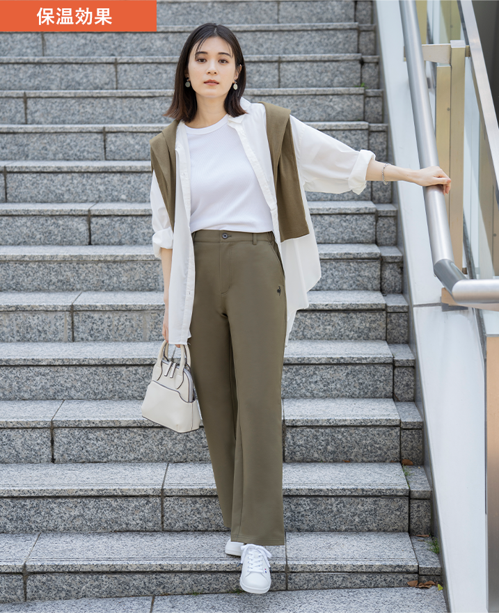 保温効果 10分丈 ストレートシルエット レディースパンツ エアスタイリッシュパンツ