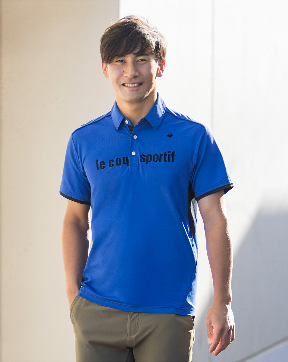 プロテニスプレイヤー島袋将選手着用。暑さの中でも爽やかな佇まいを保つ、上品なデザインのメンズ接触冷感ポロシャツ。