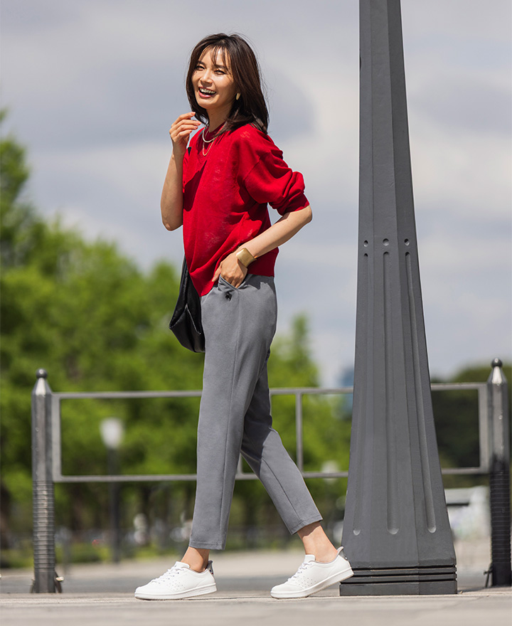STYLE01（9分丈テーパード）：ルコックスポルティフのエアスタイリッシュパンツ9分丈テーパードシルエットのサンスクリーン遮熱レディースパンツ画像。