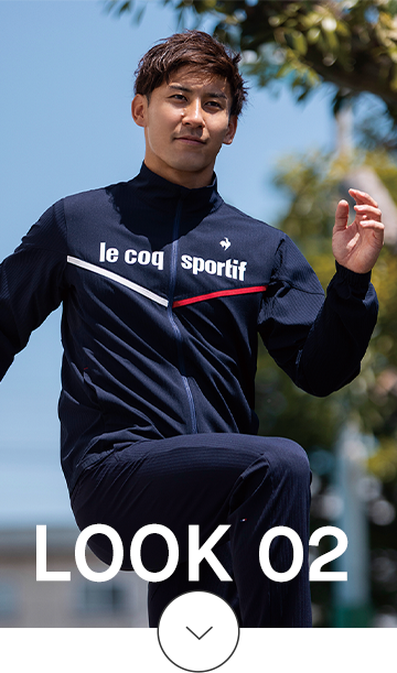 島袋将選手着用リブクロスジャケットとパンツのセットアップスタイルLOOK2へのリンク