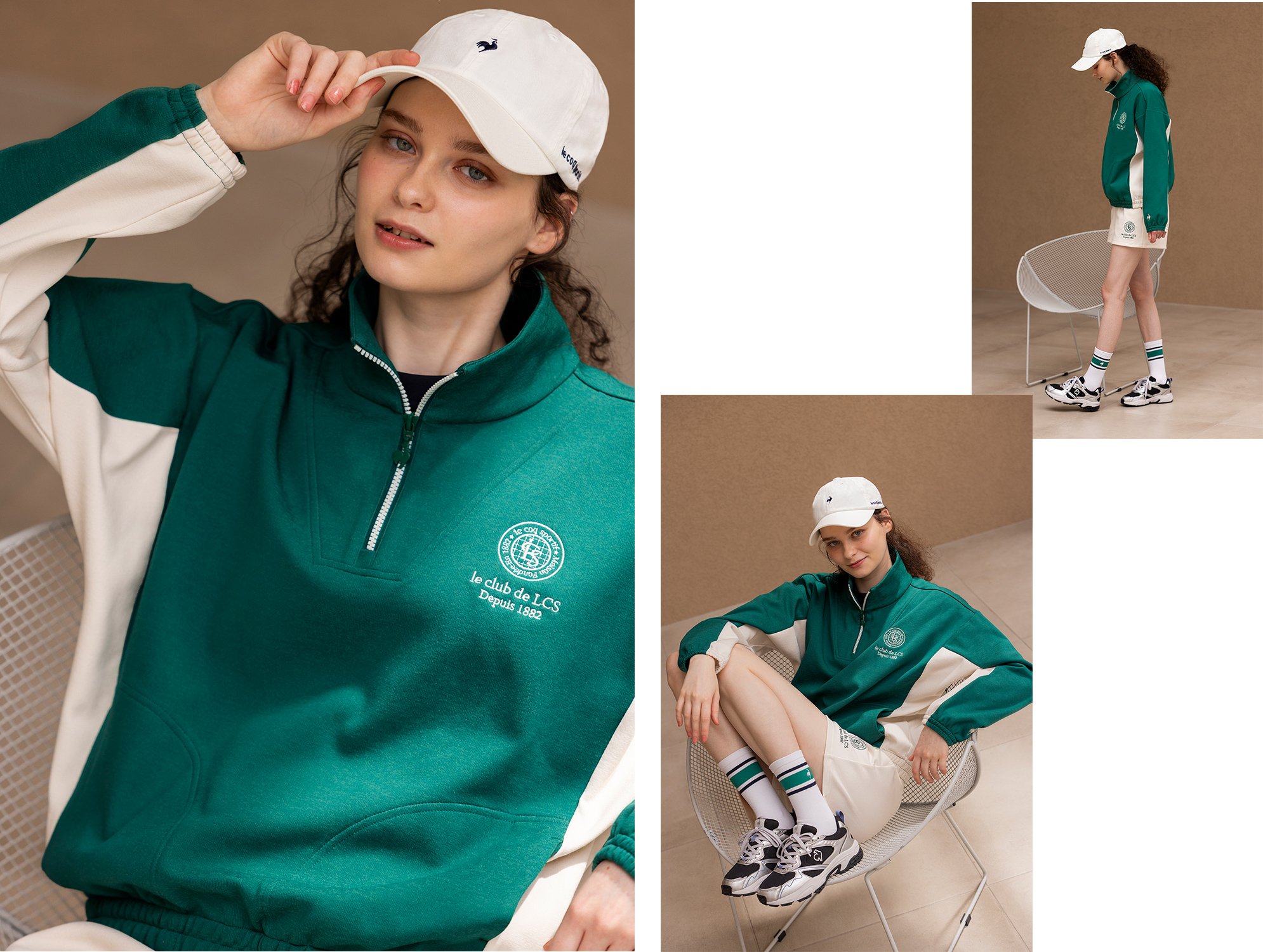 ルコックスポルティフ LOOK3 女性モデル着用 冬の防風アノラックジャケットコーディネート 冬の防風アノラックジャケットとショートパンツコーディネート ユニセックスシューズコーディネート