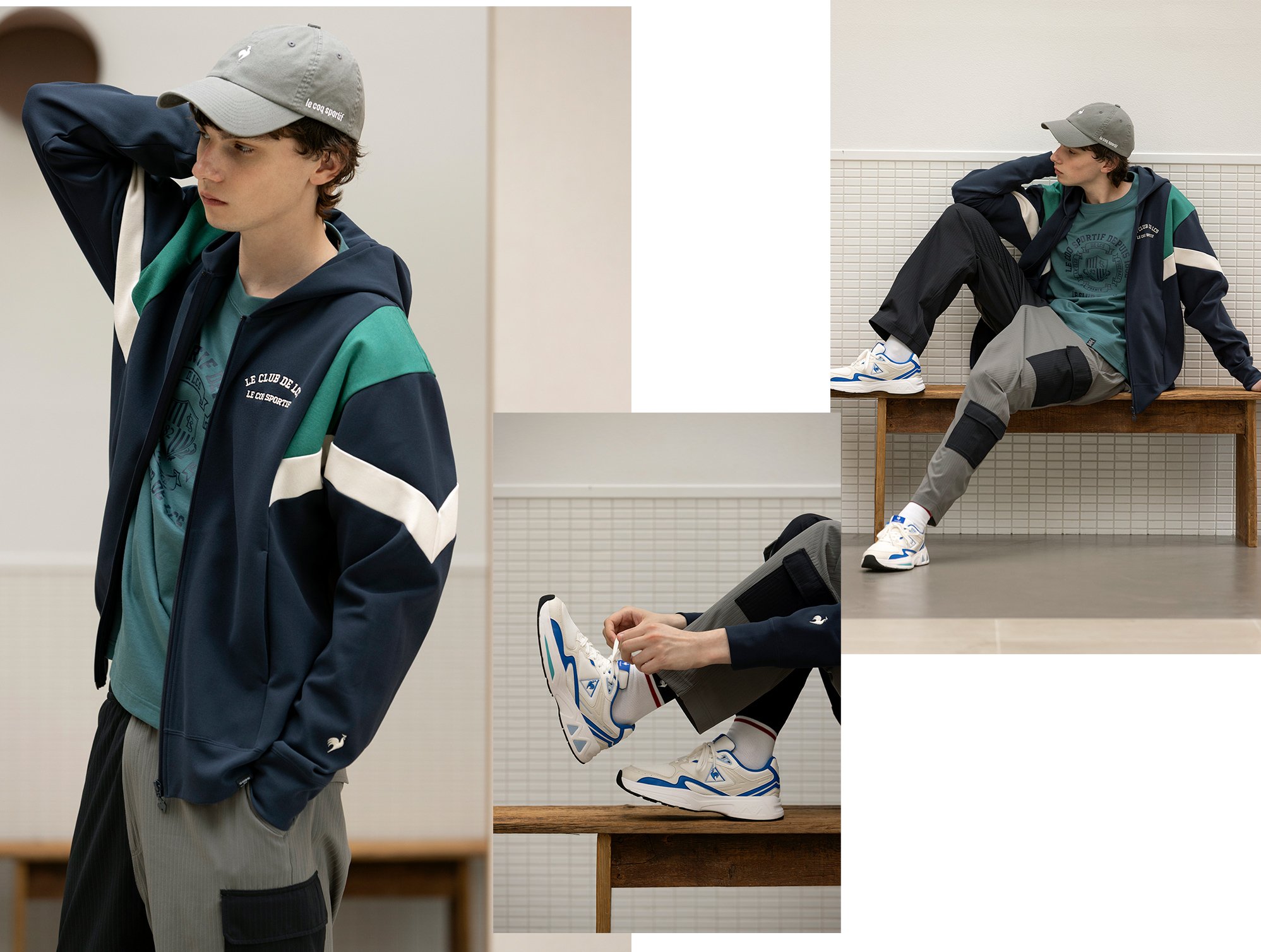 ルコックスポルティフ LOOK4 男性モデル着用 冬の防風スウェットパーカーコーディネート 冬の防風スウェットパーカー全身コーディネート スニーカーコーディネート