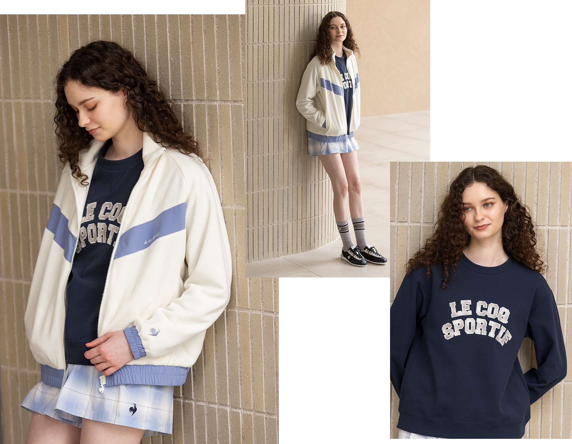 ルコックスポルティフ LOOK5 女性モデル着用 冬のマイクロフリースジャケットコーディネート ユニセックスシューズコーディネート 冬の防風クルーネックコーディネート