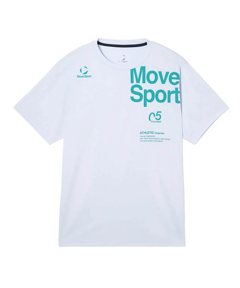 ムーブスポーツのスポーツウェア｜水色のグラフィックプリントの白いTシャツ