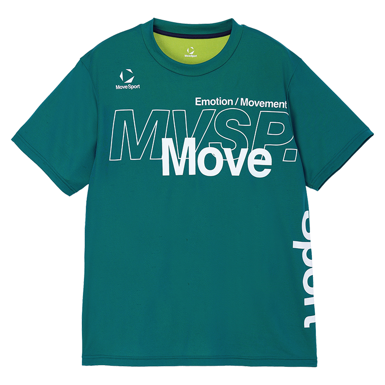 前身頃に大きなMoveSportグラフィックを配した（エメラルドグリーン）のショートスリーブシャツの物撮り写真