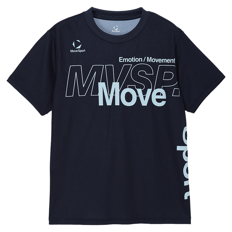 前身頃に大きなMoveSportグラフィックを配した（ネイビー）のショートスリーブシャツの物撮り写真