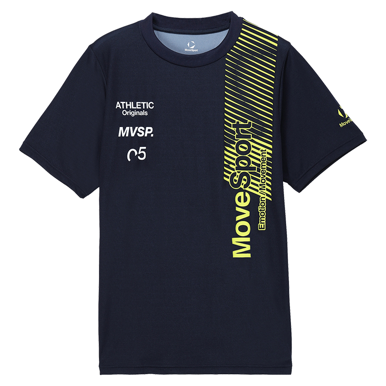 左側に（黄色い）ライングラフィックと縦のMoveSportロゴが施された（ネイビー）の半袖シャツ