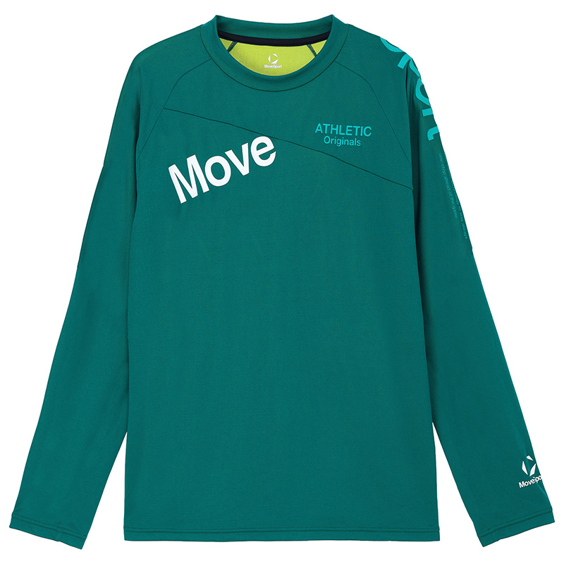 ラグランスリーブ仕様で左胸にMoveロゴが施された爽やかな（エメラルド）の長袖シャツ