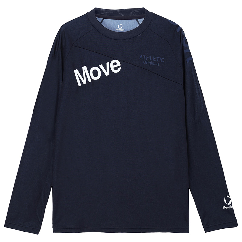 ラグランスリーブ仕様で左胸にMoveロゴが施された爽やかな（ネイビー）の長袖シャツ