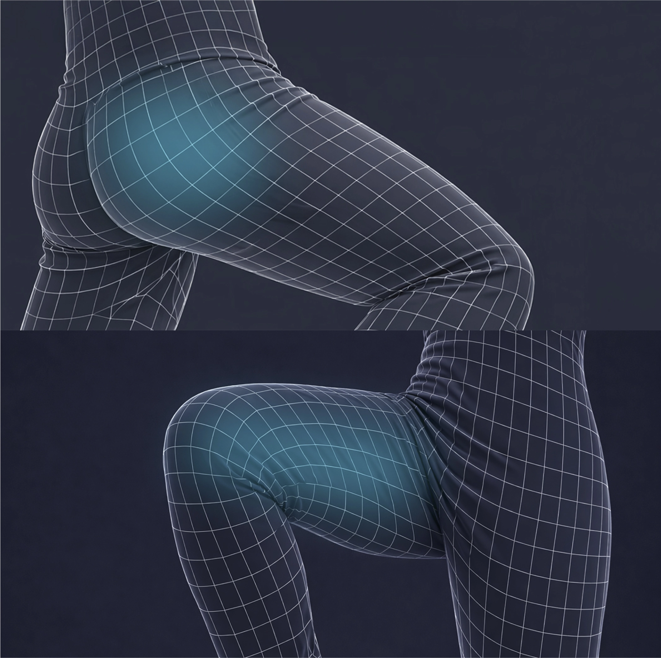 お尻のストレッチを視覚的に表現した画像、太もものストレッチを視覚的に表現した画像