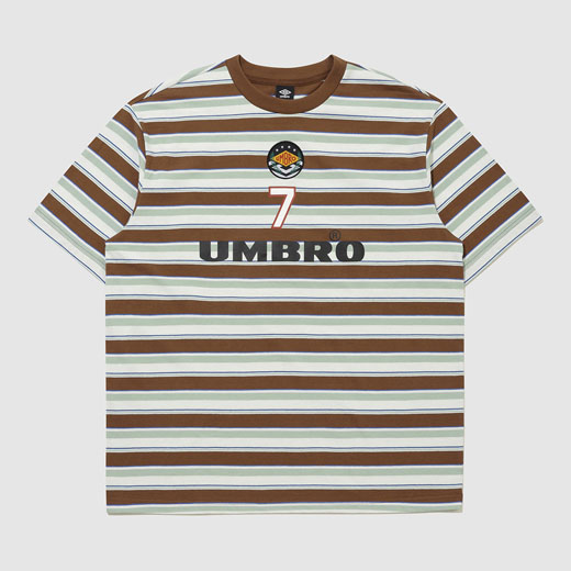 サッカーブランドアンブロのグリーンのTシャツ｜ストライプパターン｜16番手コットン100%天竺（シングルジャージ）素材